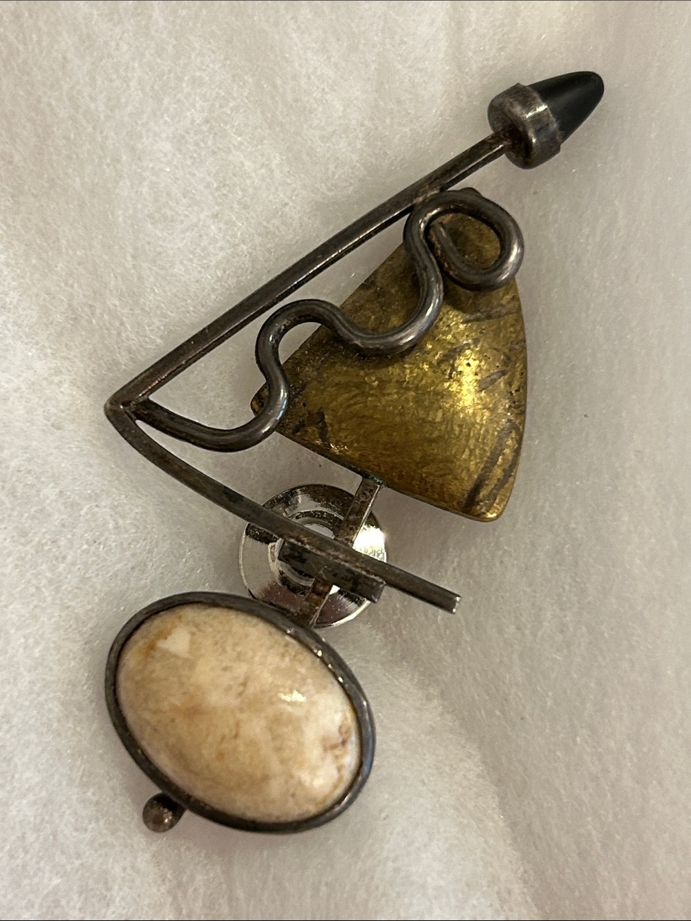 Mixed-Metal Tie Tack with Agatized Coral Cabochon
